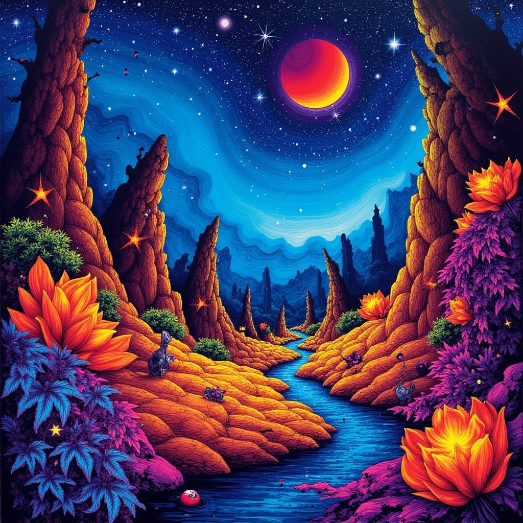 Ethereal Nighttime Landscape with Bioluminescent Plants and....