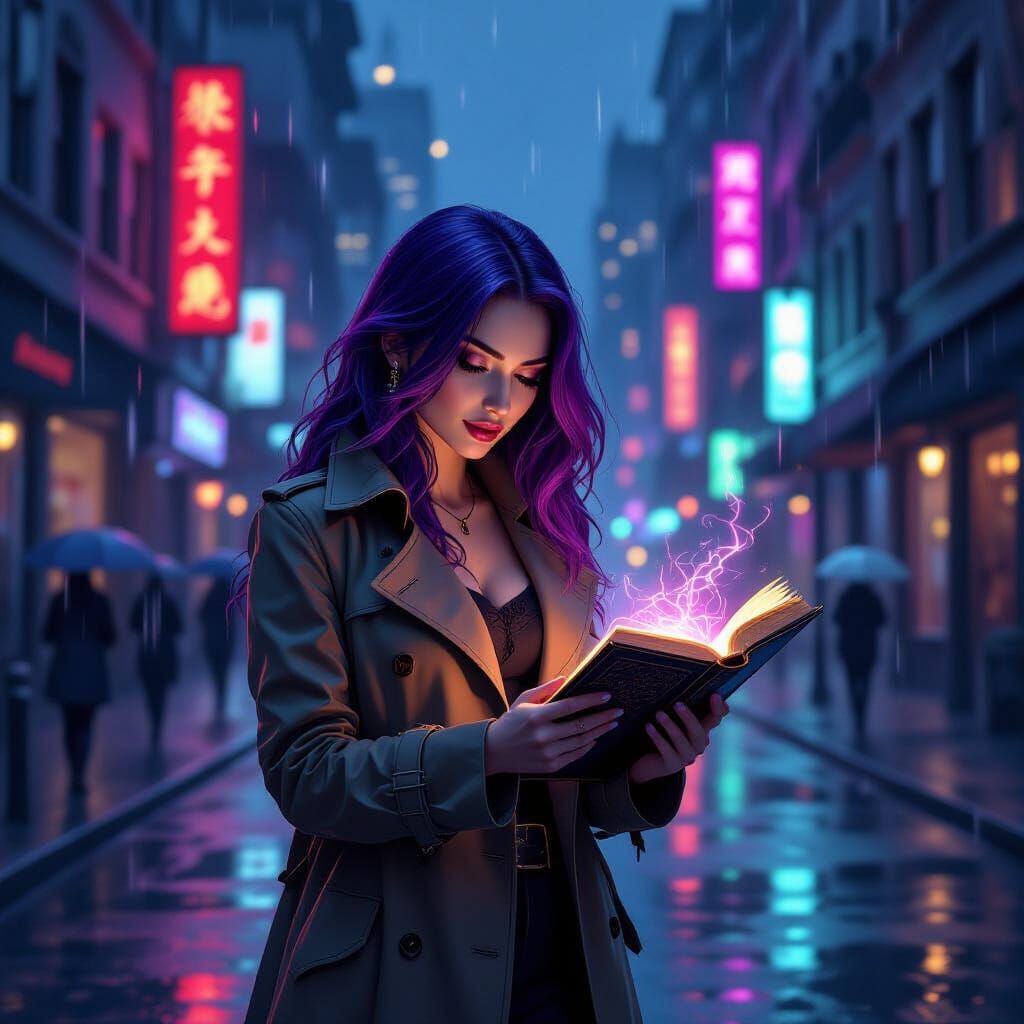 Purple-Haired Witch in Neon City Consults Grimoire