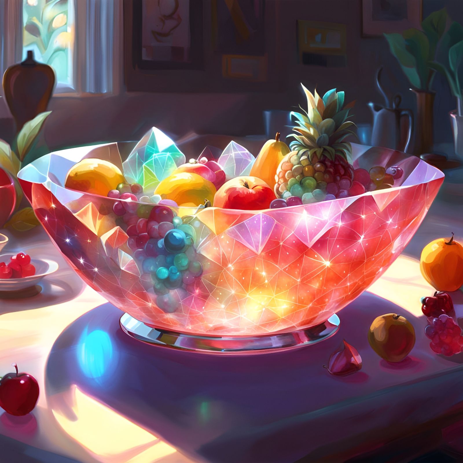 Glowing Crystal Fruit Bowl in Digital Art Style