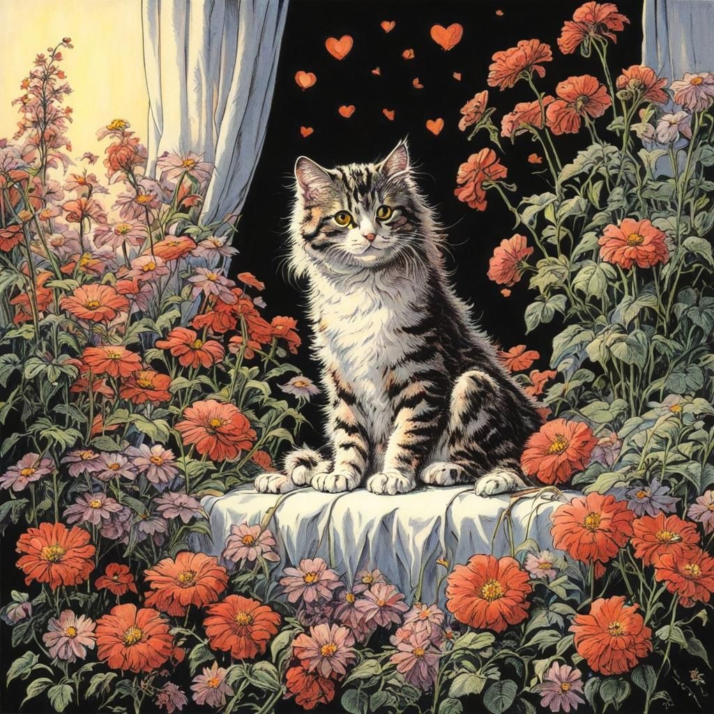 Cute Cat Surrounded by Flowers in Gothic Horror Style