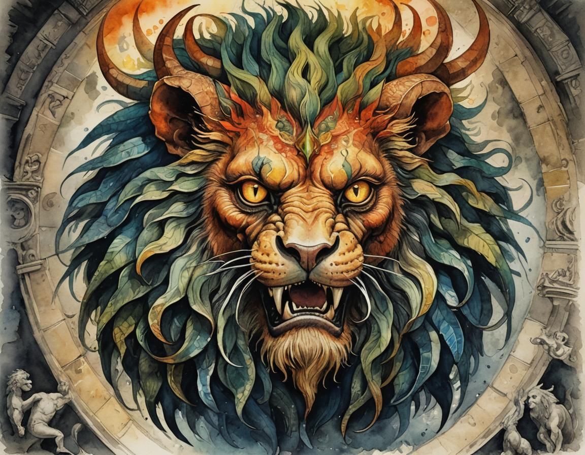 Hyperdetailed Watercolor Manticore in Cubist Engraving Style