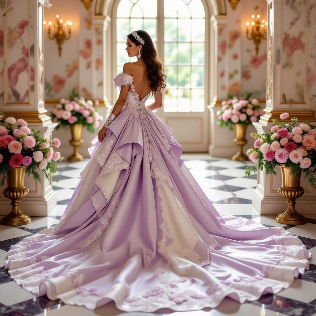 Woman in 1980s Rose Wedding Gown, Art Nouveau Style