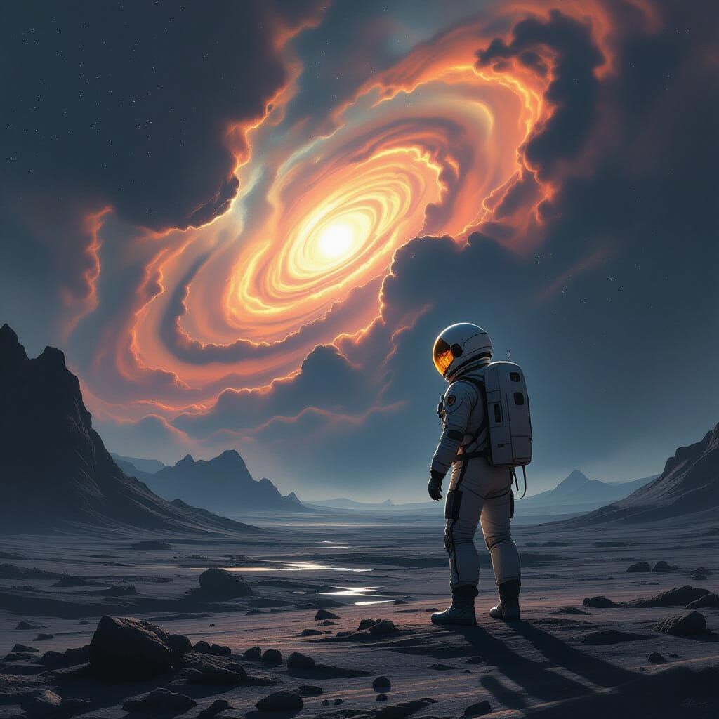 Astronaut Gazes at Cosmic Nebula in Alien Landscape