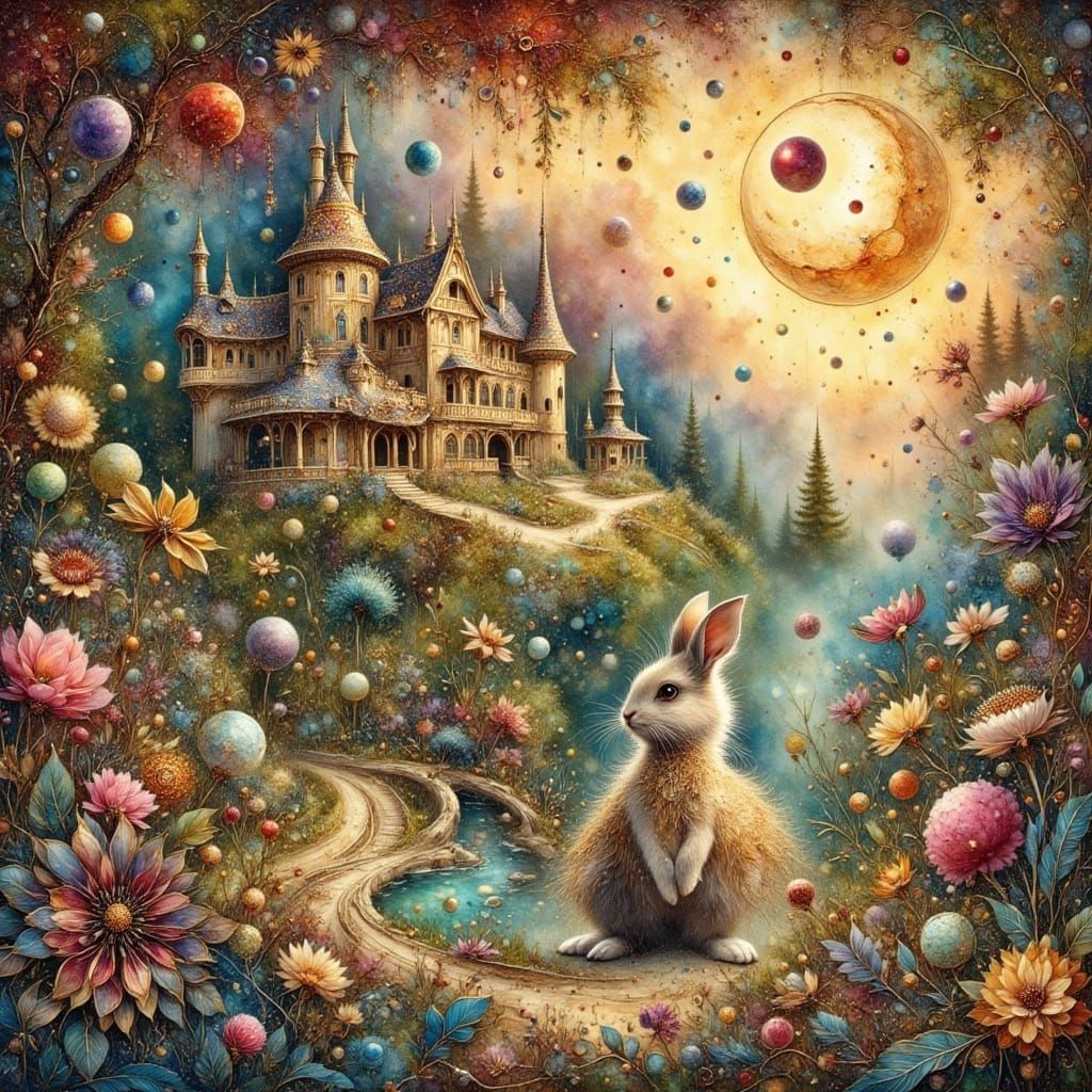 Bejeweled Bunny at Fairytale Castle in Klimt Style