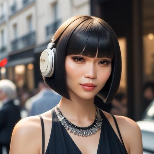 Ladyboy with Bob Cut Listening to Music in Paris