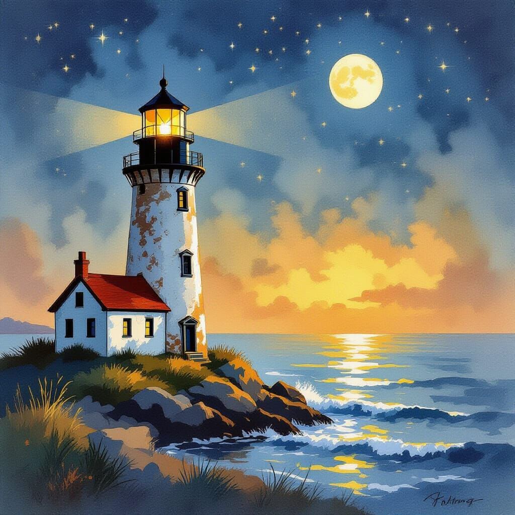 Lighthouse at Night in Dreamy Watercolor Style