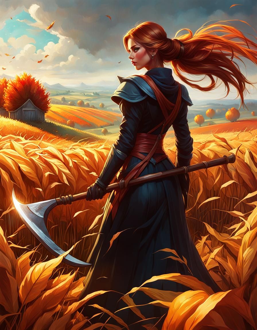 Woman Harvesting Autumn Field: Digital Illustration