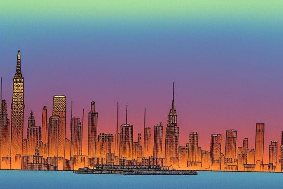 City skyline across the water at sunset by Jean Giraud (Moebius)