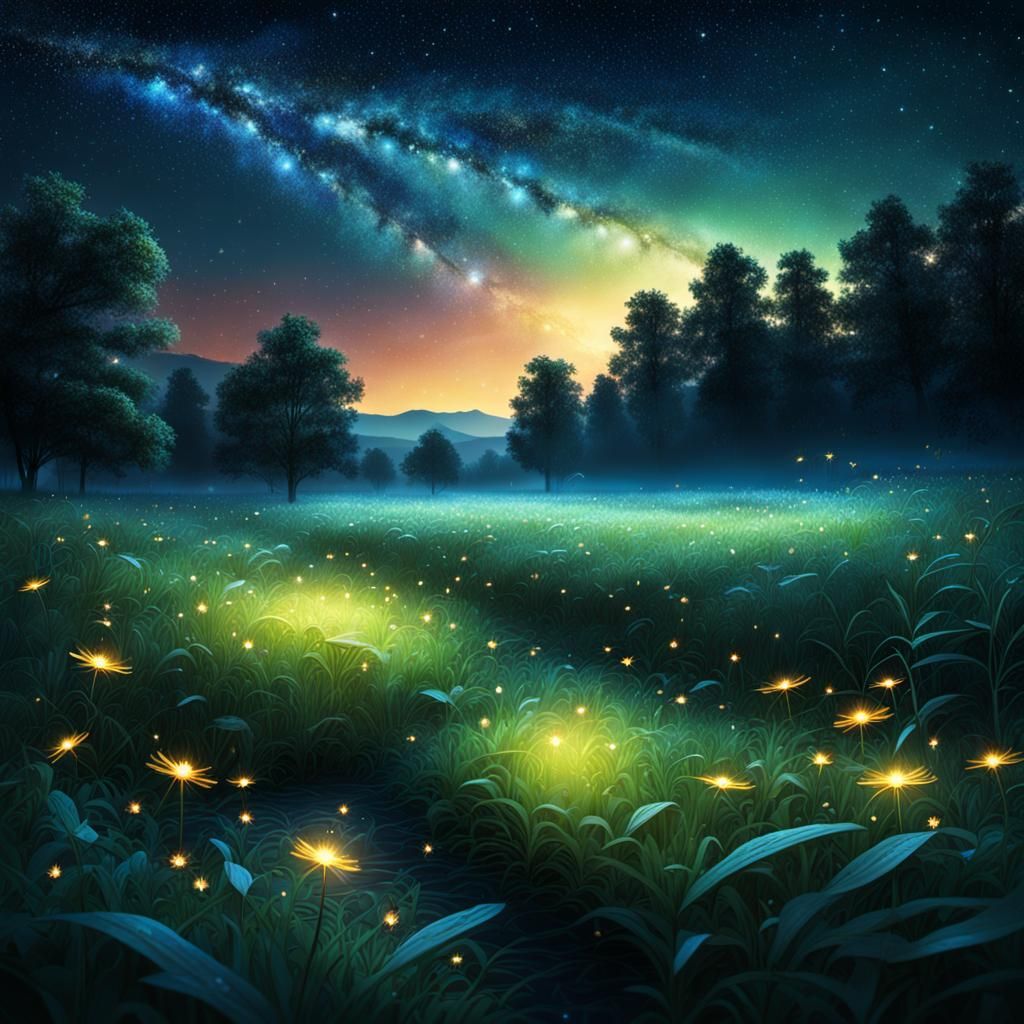 Hyperrealistic Starry Sky with Fireflies at Night