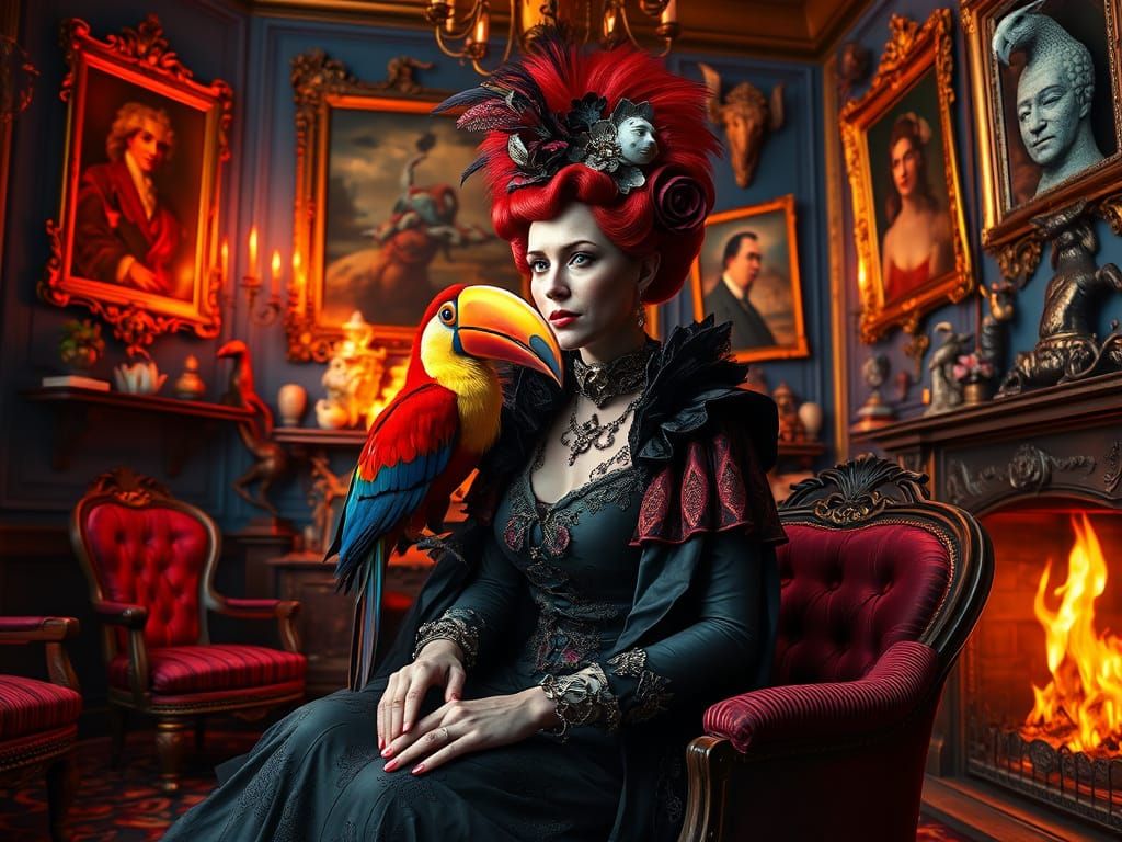 Red Baroness and Toucan in Opulent Art Nouveau Salon