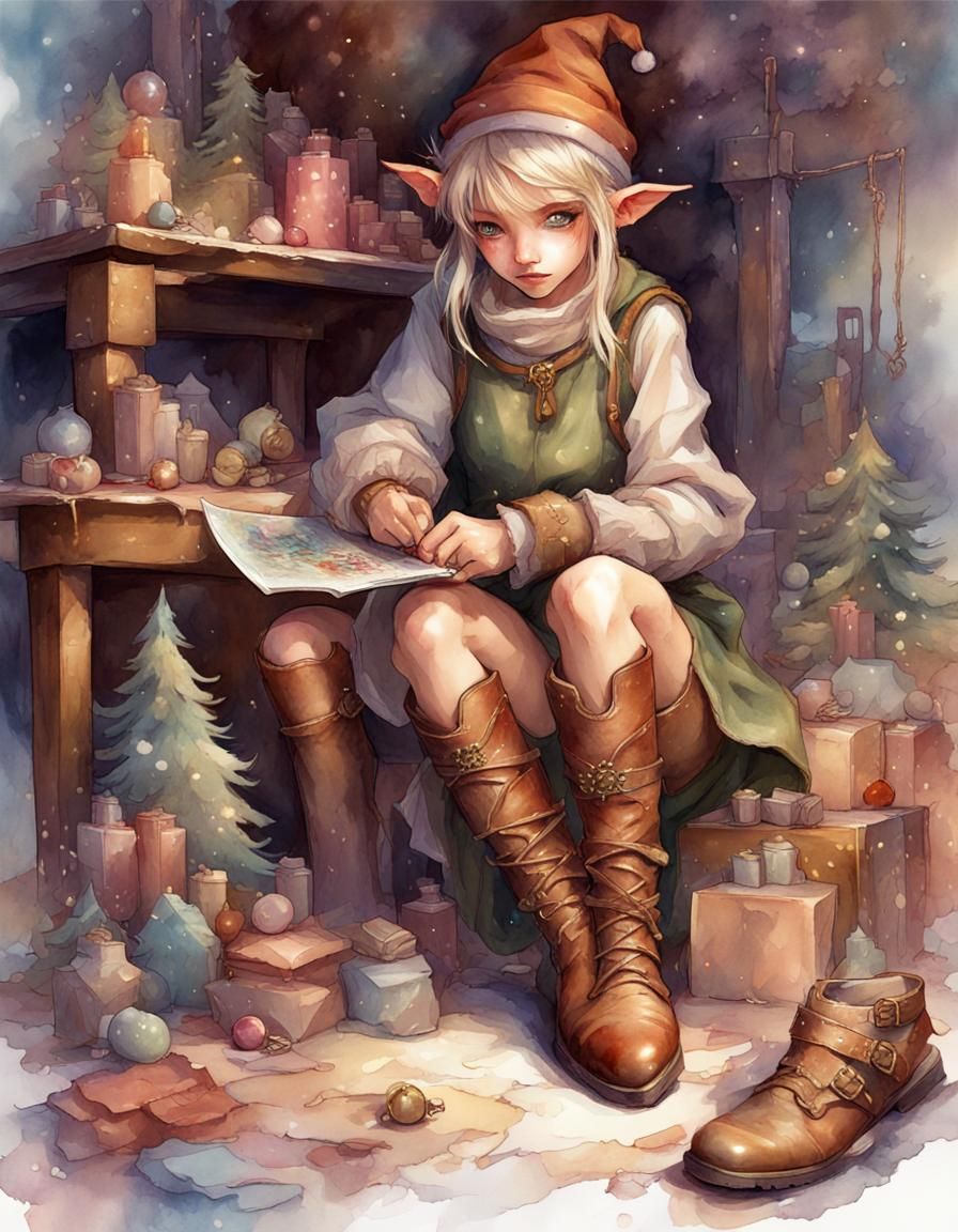 Christmas Elf Crafts Leather Boot in Watercolor Style