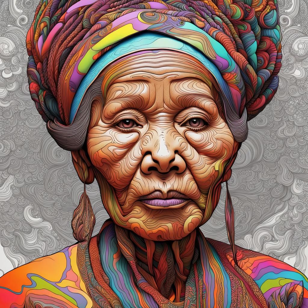 Psychedelic Portrait of Asian Woman in 1970s Style