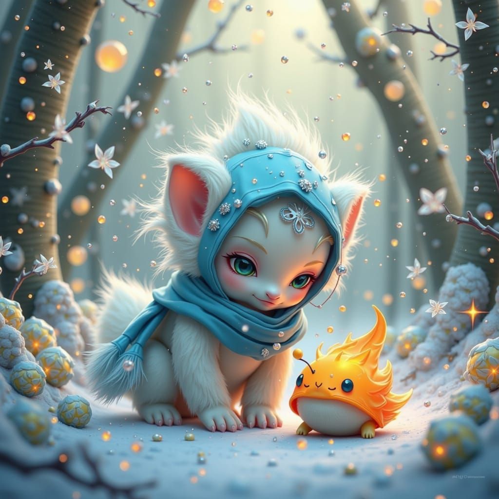 Fluffy Snowflake Meets Flame Critter in Fantasy Forest