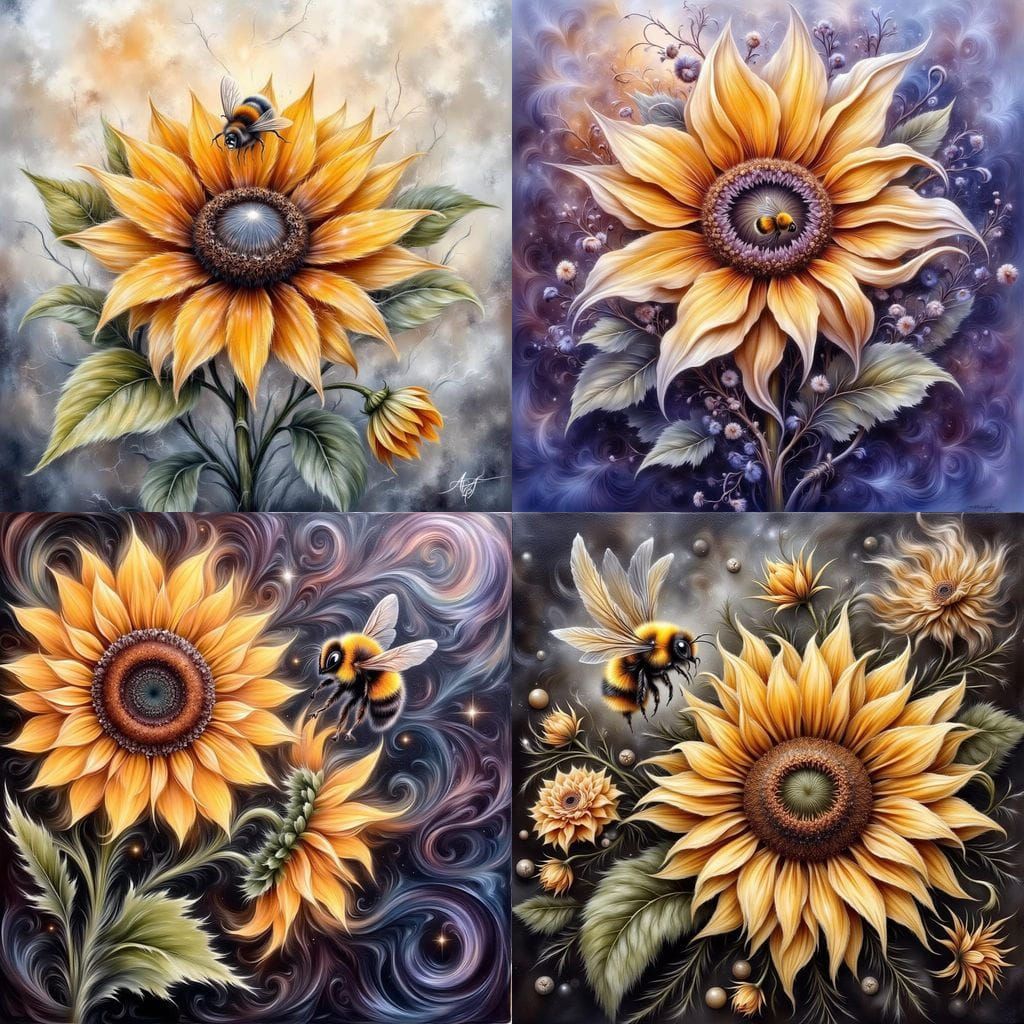 Whimsical Encaustic Sunflower in Watercolor Dark Fantasy