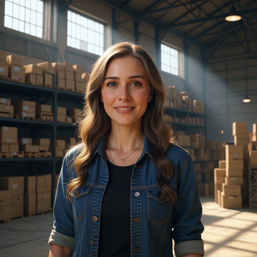 Beautiful Woman Working in Sunlit Warehouse