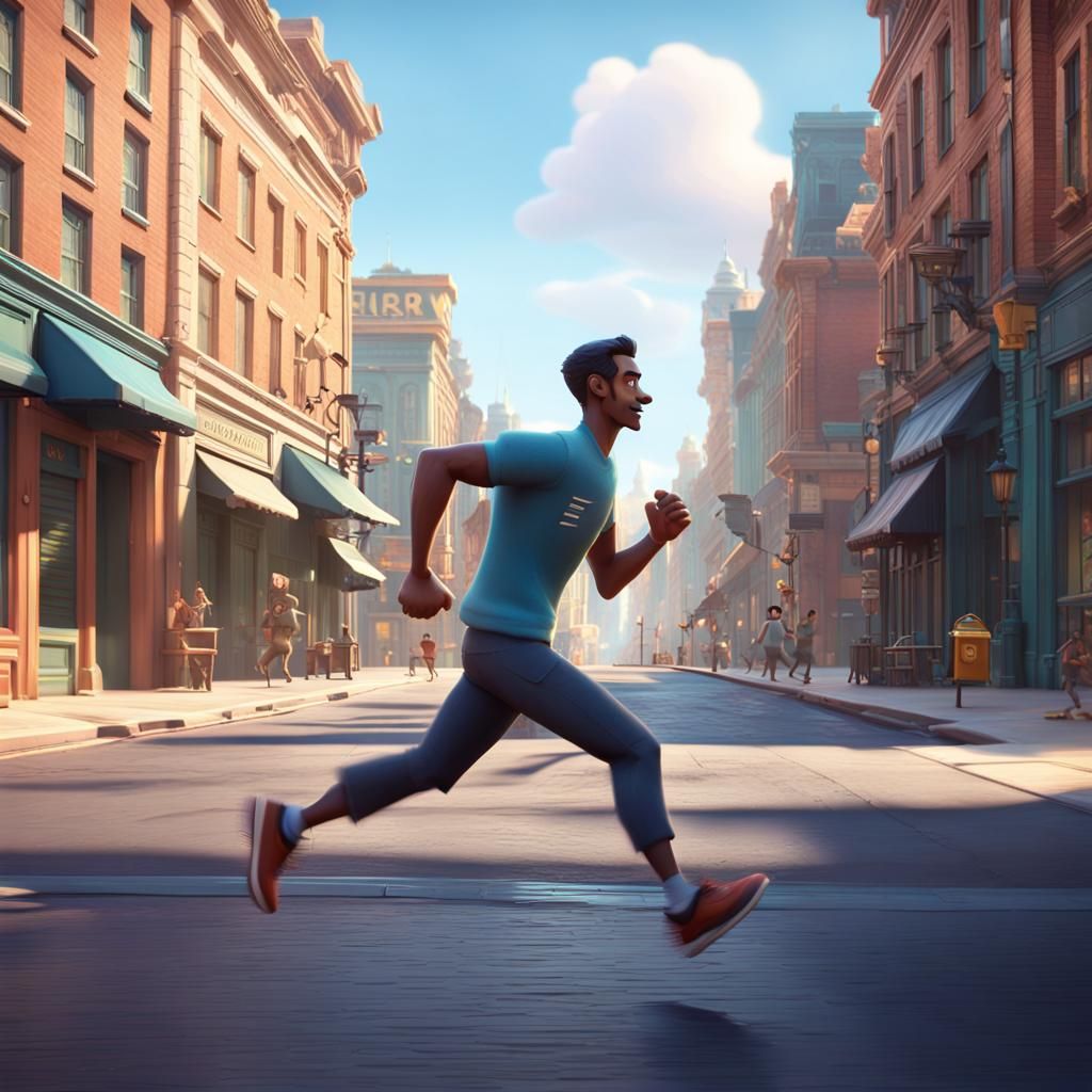 Man Running on Street in Pixar Style