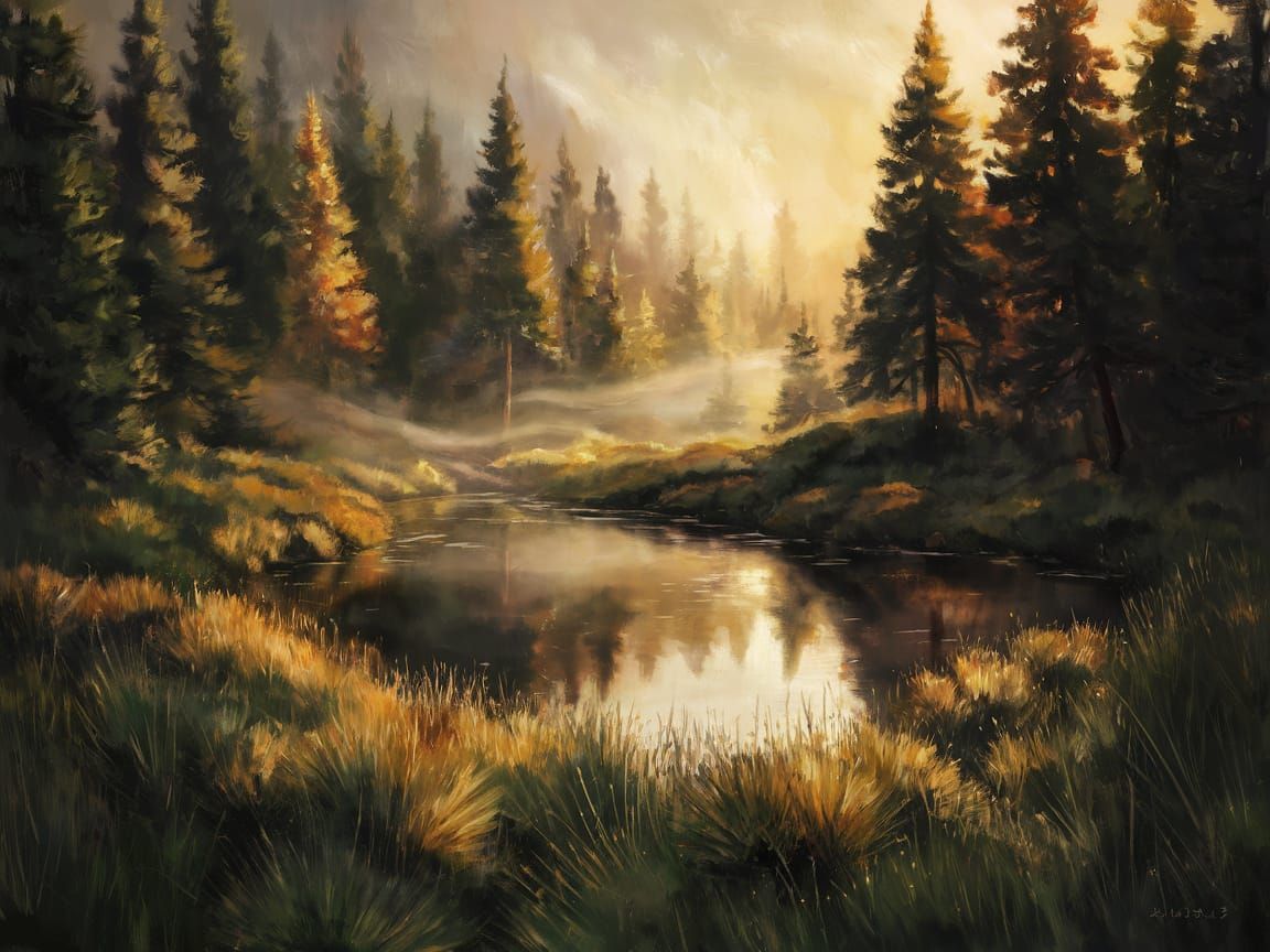 Serene Pine Forest Pond in Golden Light