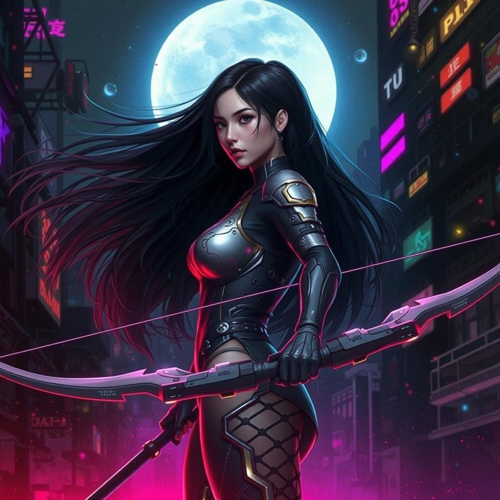 Cyberpunk Street Samurai with Bow in Neon Cityscape