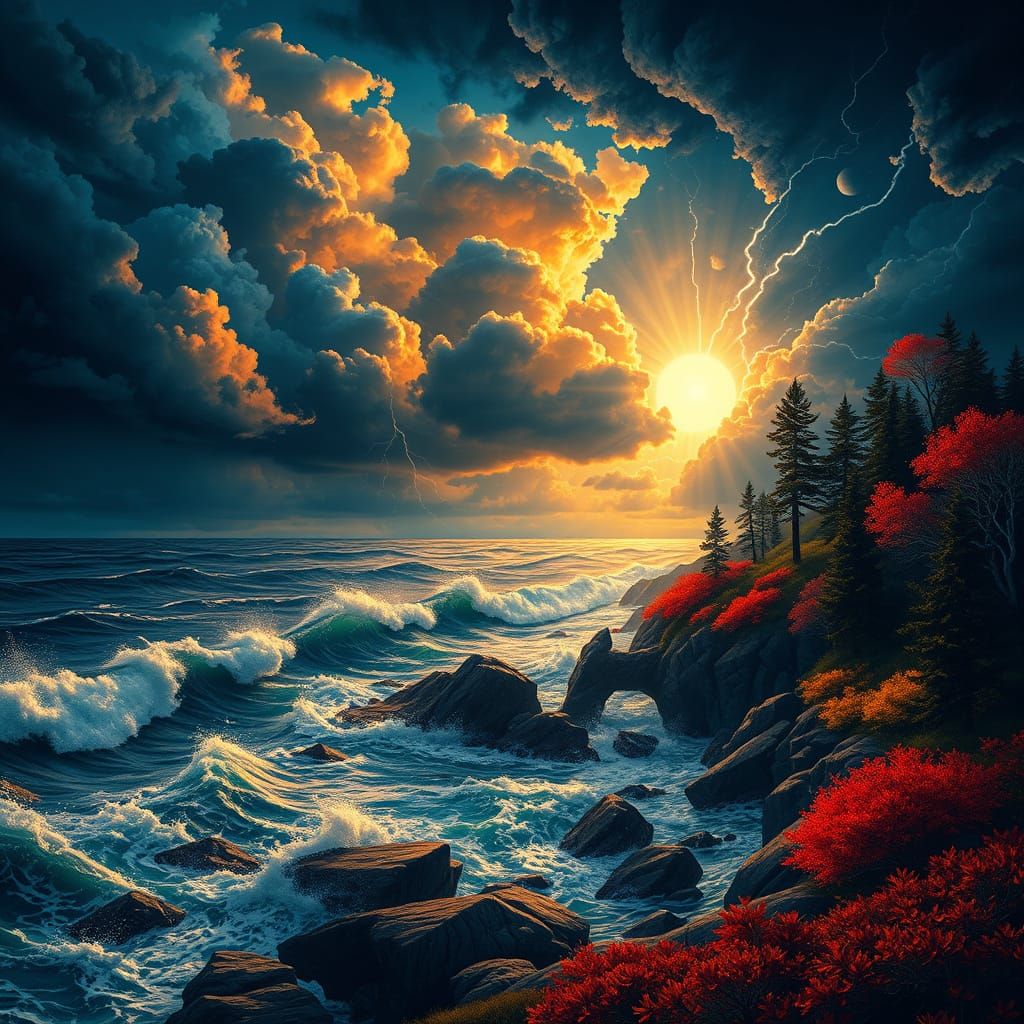 Stormy Coastline with Lightning and Sunbeams