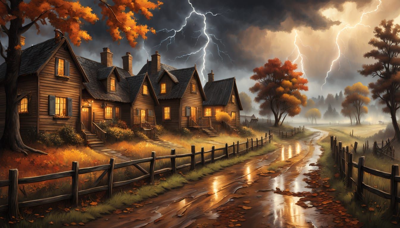 Renaissance Village Scene with Autumn Colors and Storm