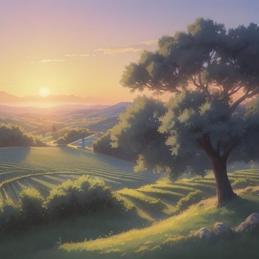 Anime Landscape: Olive Groves and Vineyards at Dawn