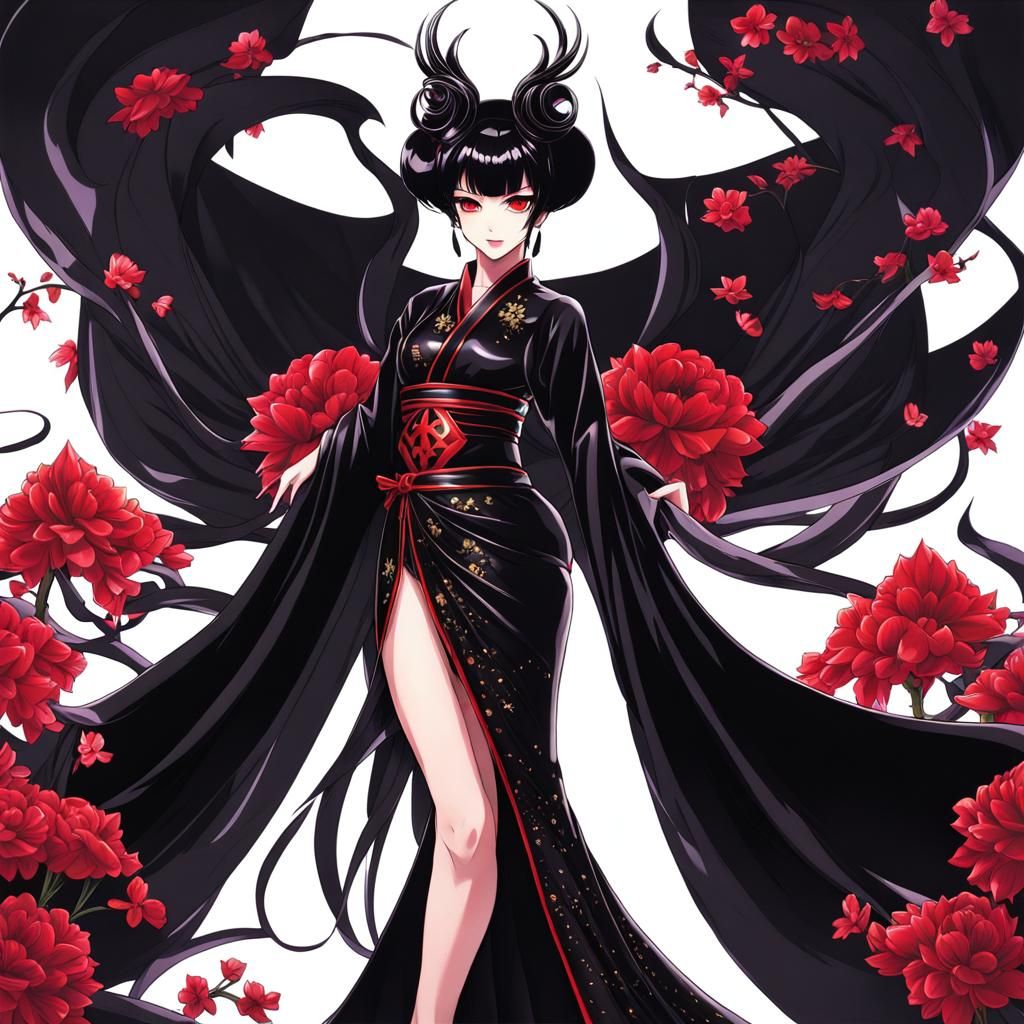 Anime Evil Queen in Black Latex Kimono