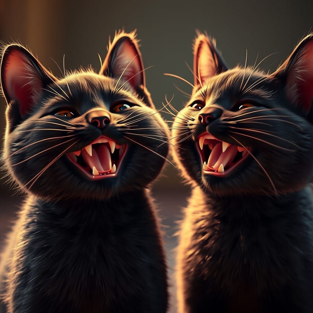 Two Happy Black Cats with Expressive Whiskers