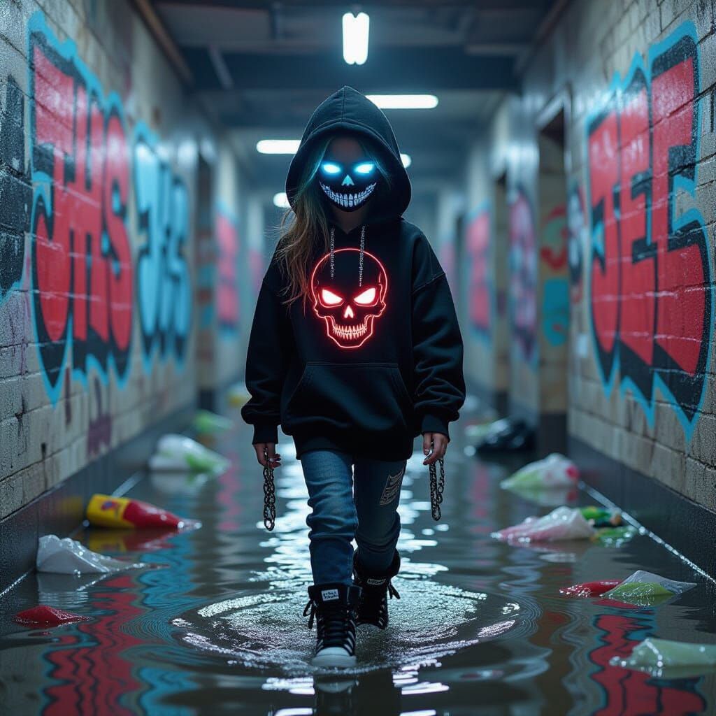 Girl in Flooded Hallway: Cyberpunk Graffiti Art