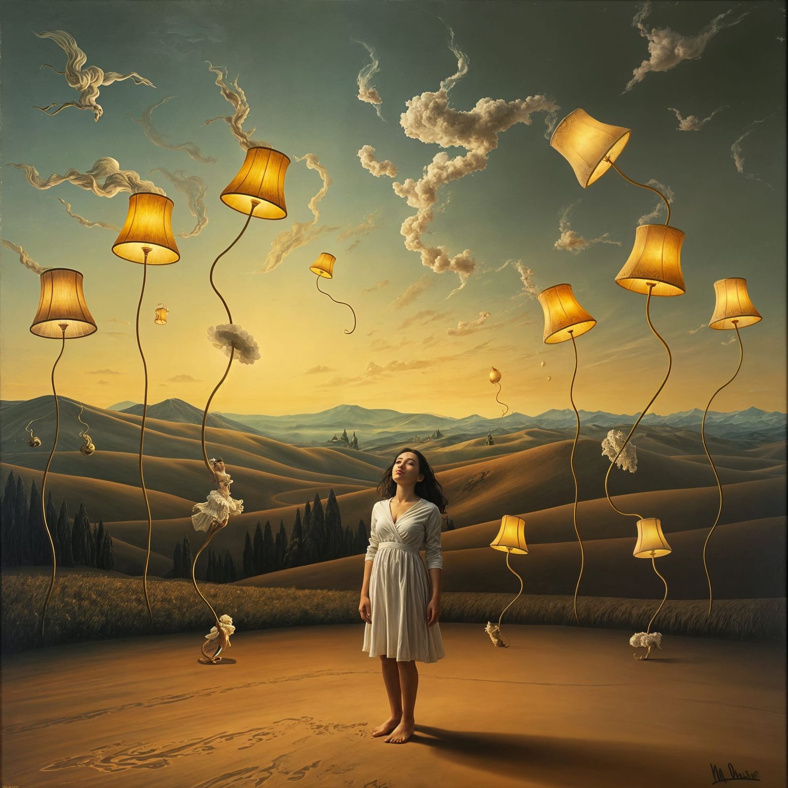 Surreal Floating Lamps in a Dreamlike Scene
