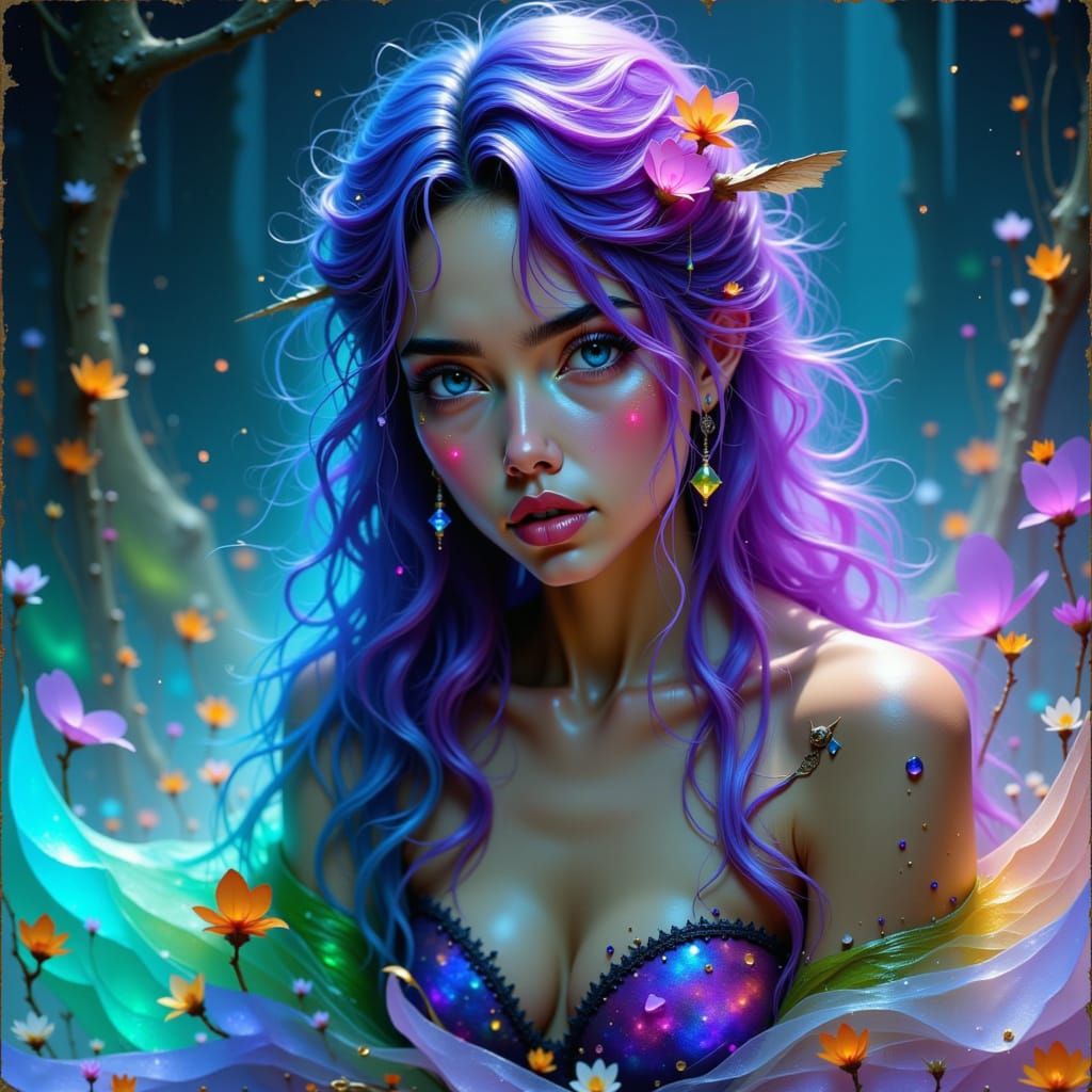 Goddess with Iridescent Hair in Neon Futurist Style