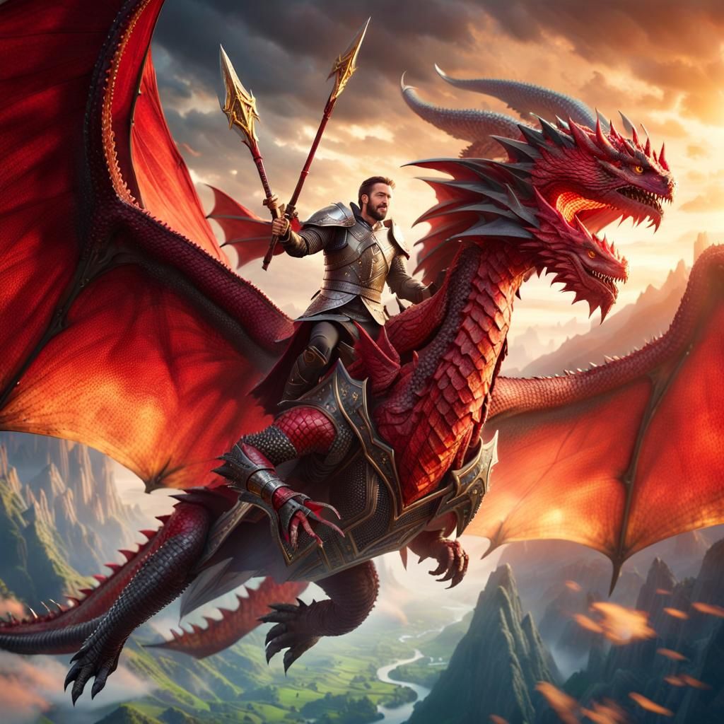 Paladin Rides Dragon in Middle-earth Sky