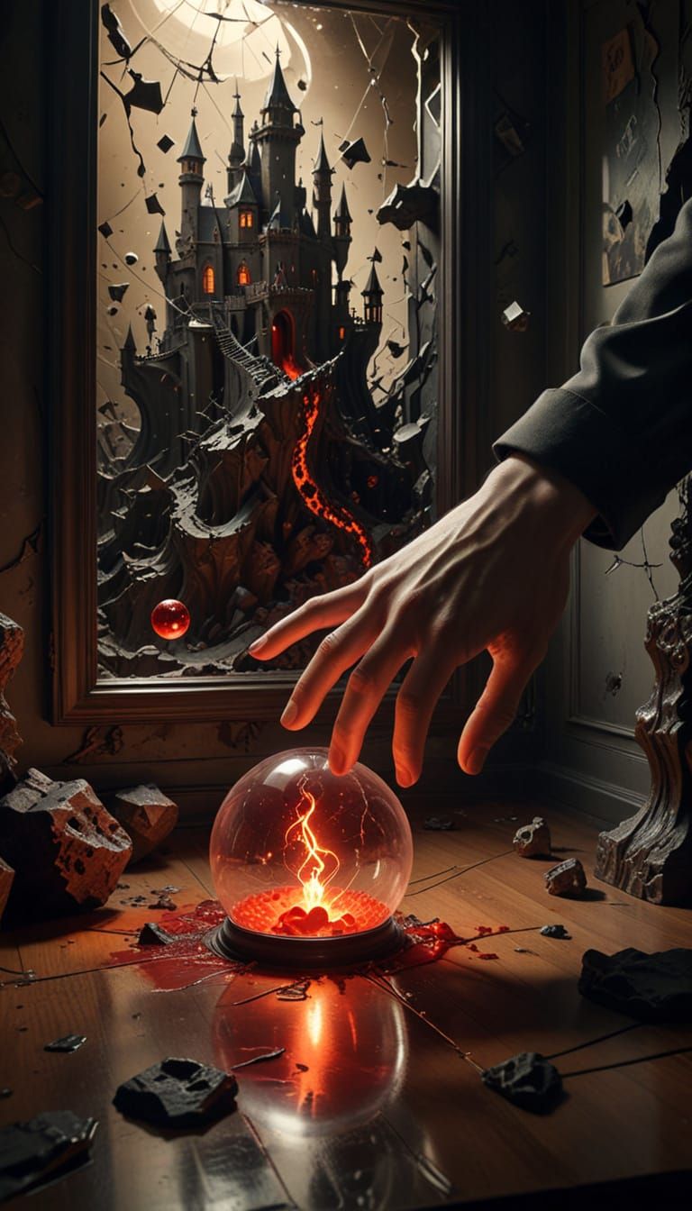 Surreal Shadowy Hand Reaches for a Glowing Button in a Haunt...