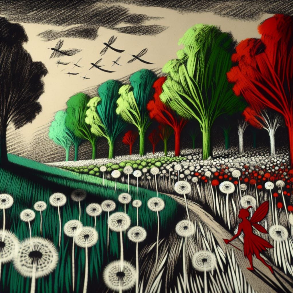 Surreal Landscape with Red Fairy in Rayograph Style