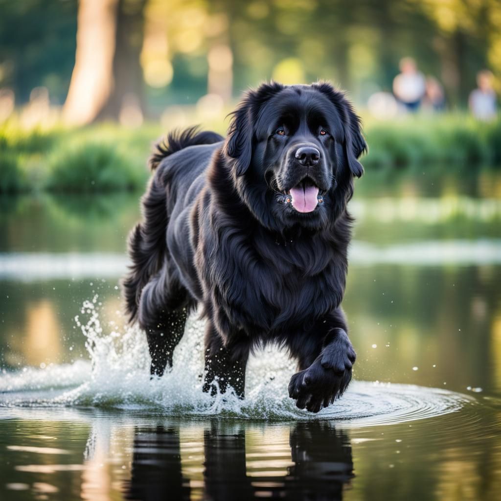 Newfoundland Dog Enjoys Pond in Public Park