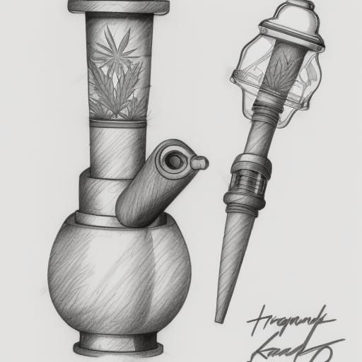 Detailed Pencil Drawing of a Cannabis Water Pipe