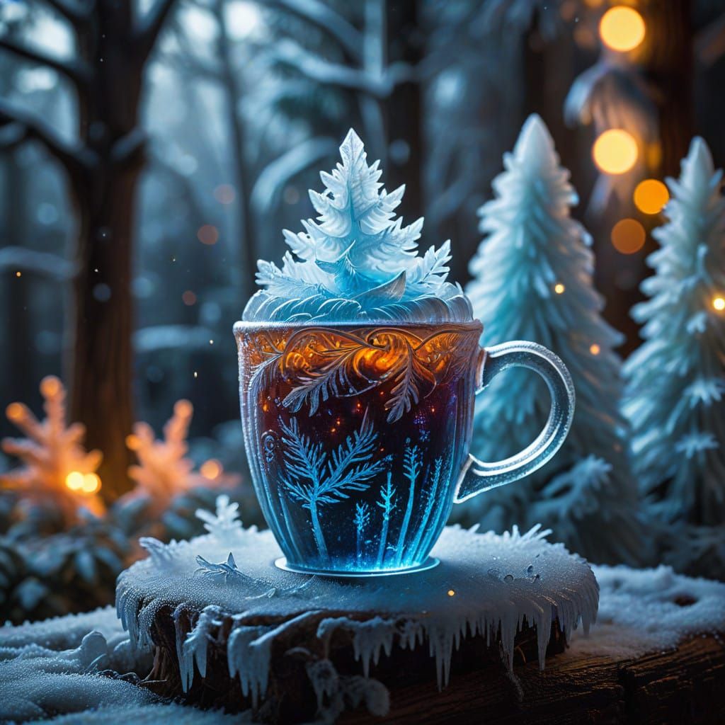 Breathtaking Ice Sculpture Coffee Cup in Winter Fantasy Styl...