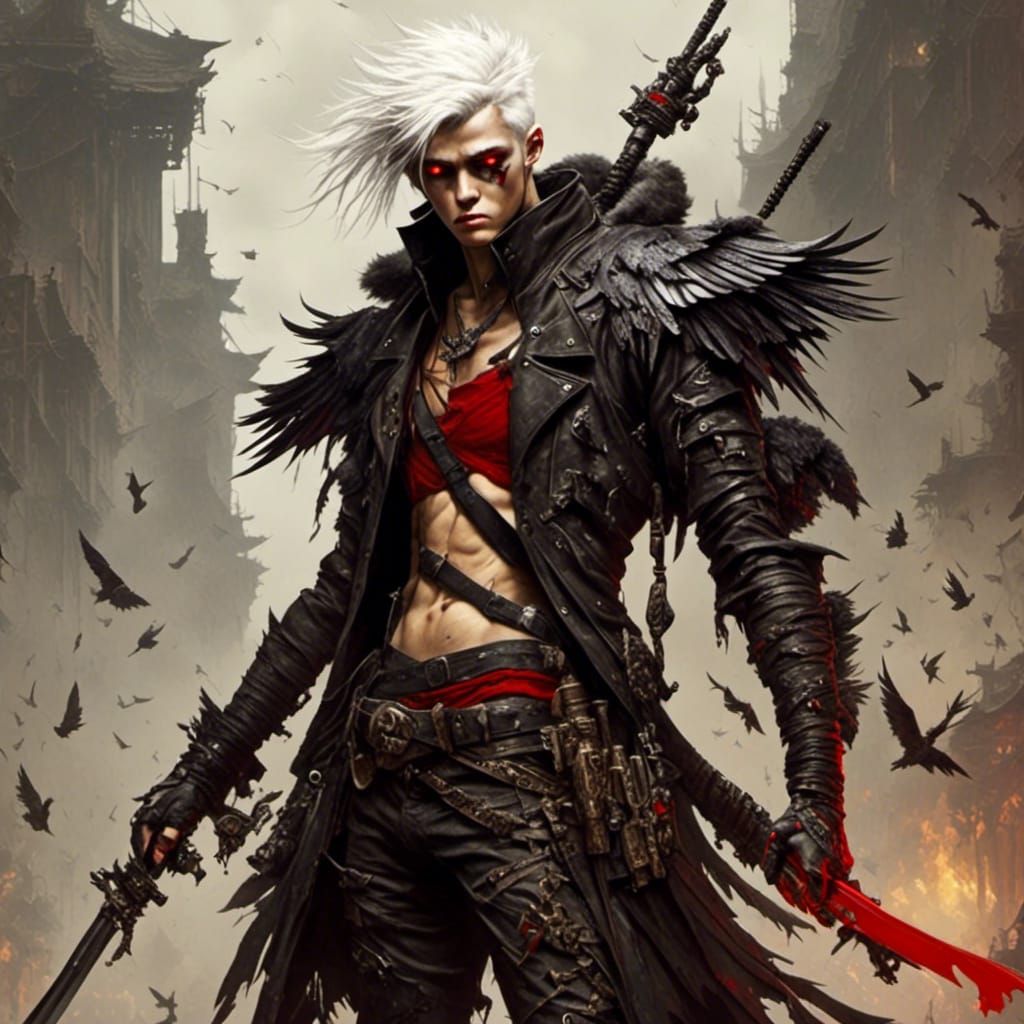 Half-Demon Warrior with Katana, Angelic and Demonic