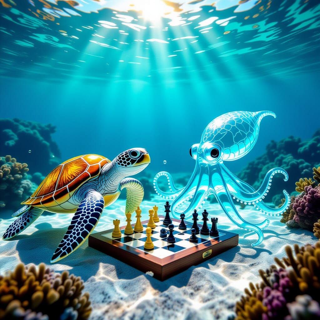 Glass Sea Turtle and Octopus Play Chess