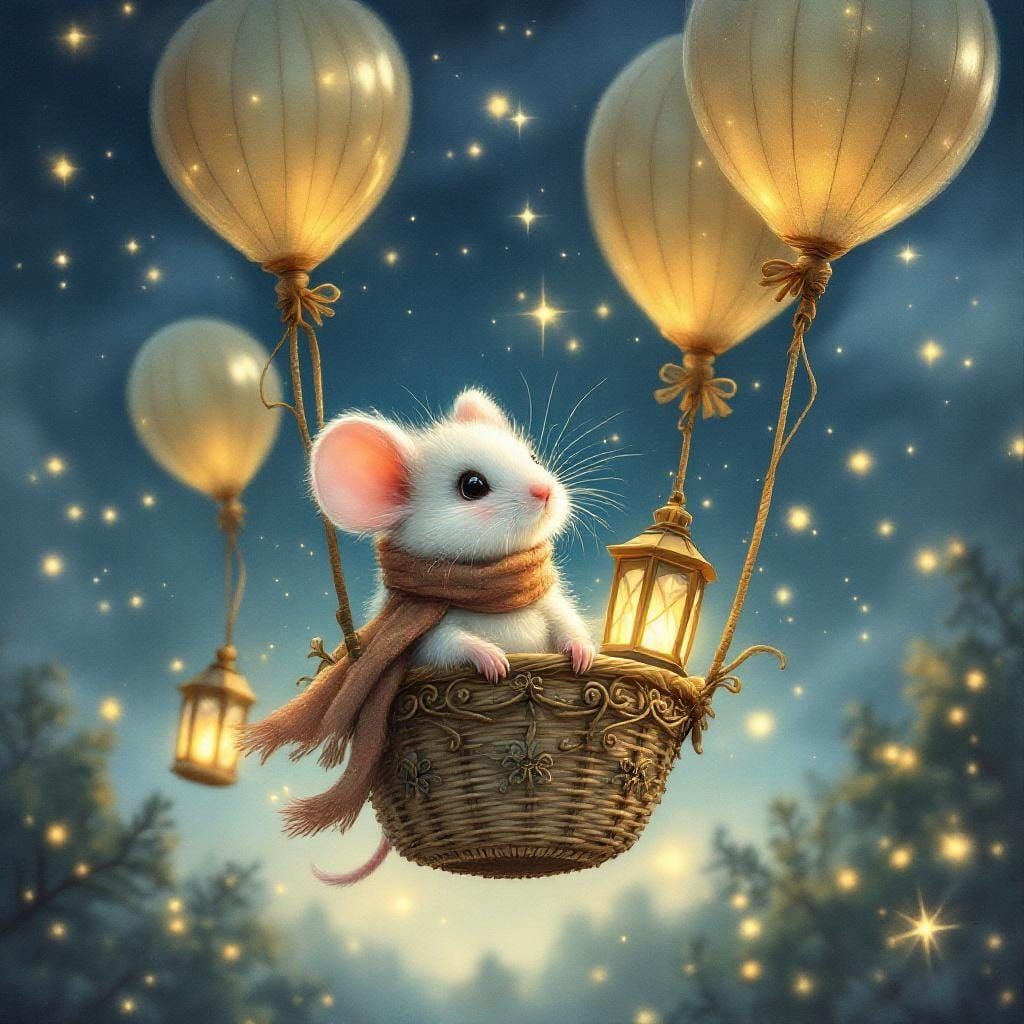Mouse's Starlit Flight in Watercolor Style