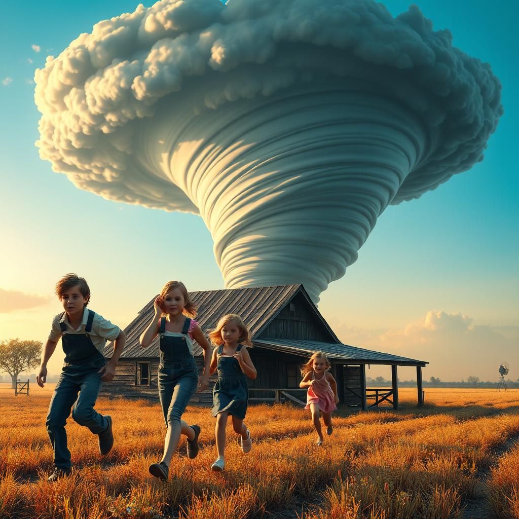 Family Escaping Tornado in Rural America