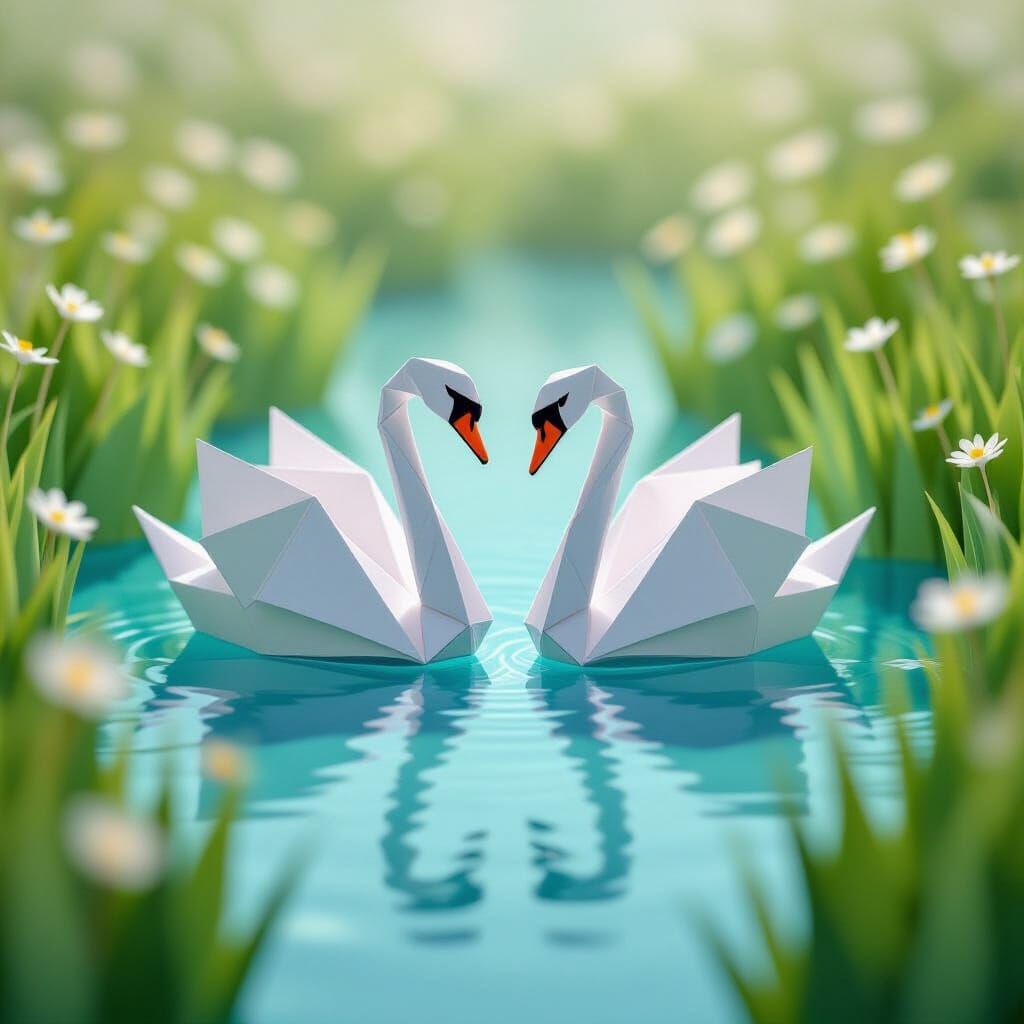 Origami Swans Grace a Crystal Clear Paper Lake