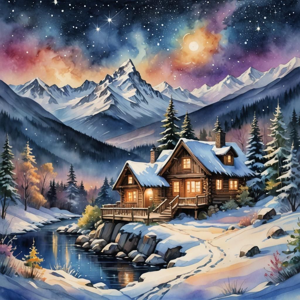 a magical starry night snowy mountain cabin, whimsical, Ink and stylized watercolor illustration, pastel colors, meticul...
