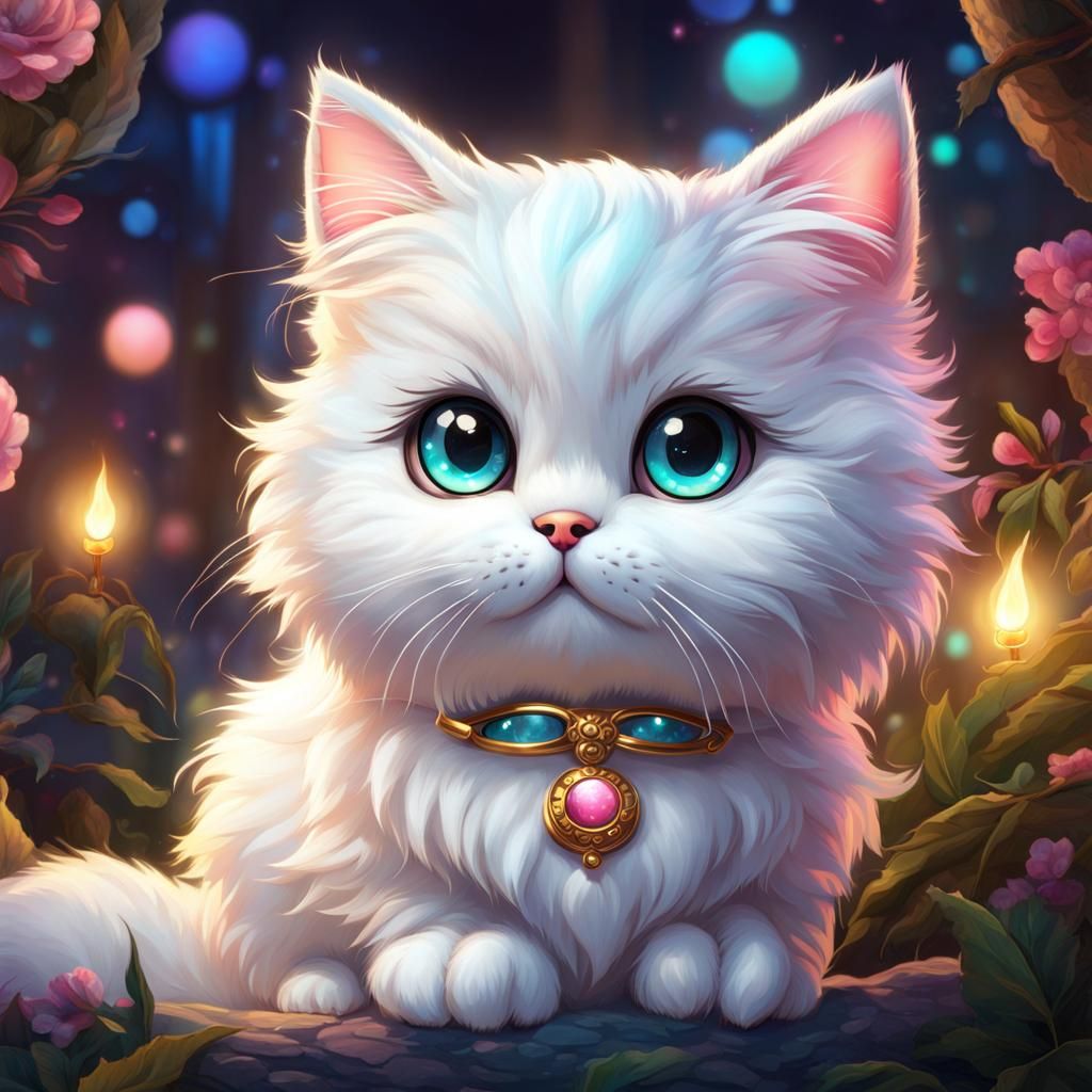 Adorable Chibi White Cat with Glowy Orbs