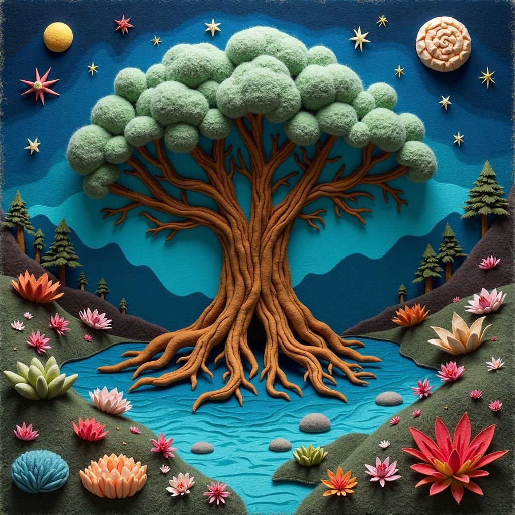 Bioluminescent Felt Tree in Alien Landscape