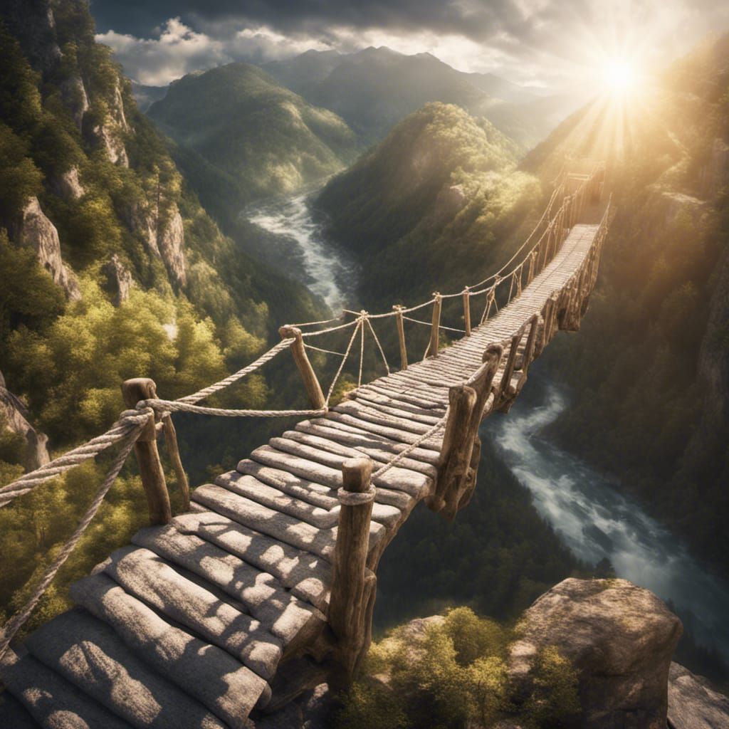 Photorealistic Rope Bridge Over Mountain Ravine