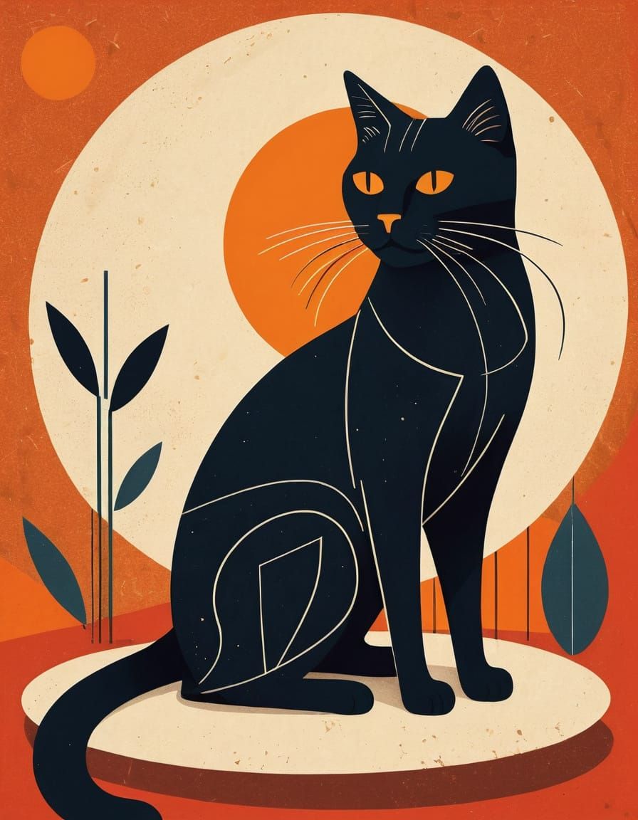 Retro Cat in Geometric Sunset