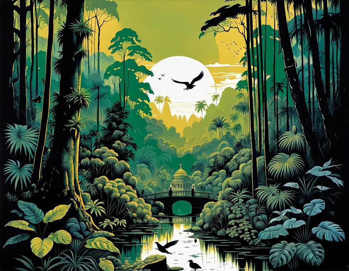 Mona Lisa in Rainforest: Ink Painting in Film Noir Style