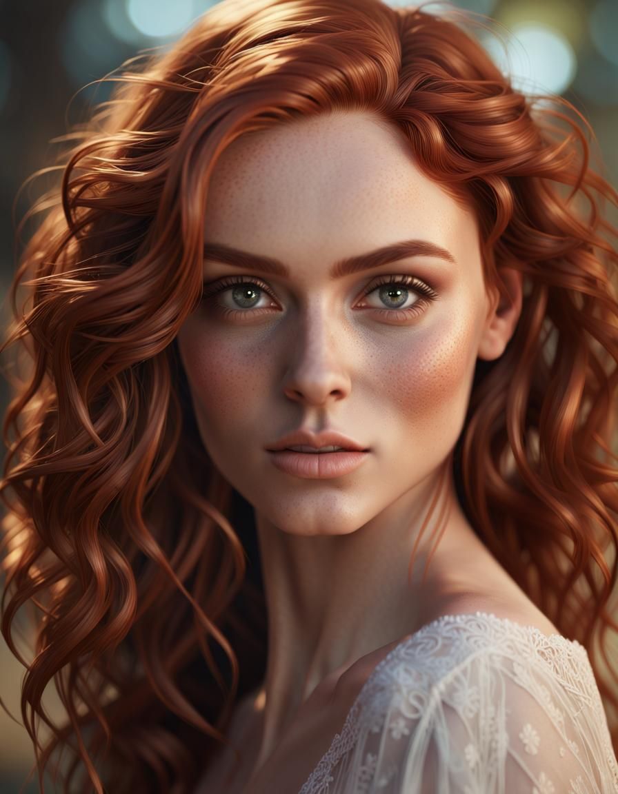 Ethereal Woman with Auburn Hair in Cel-Shaded Style
