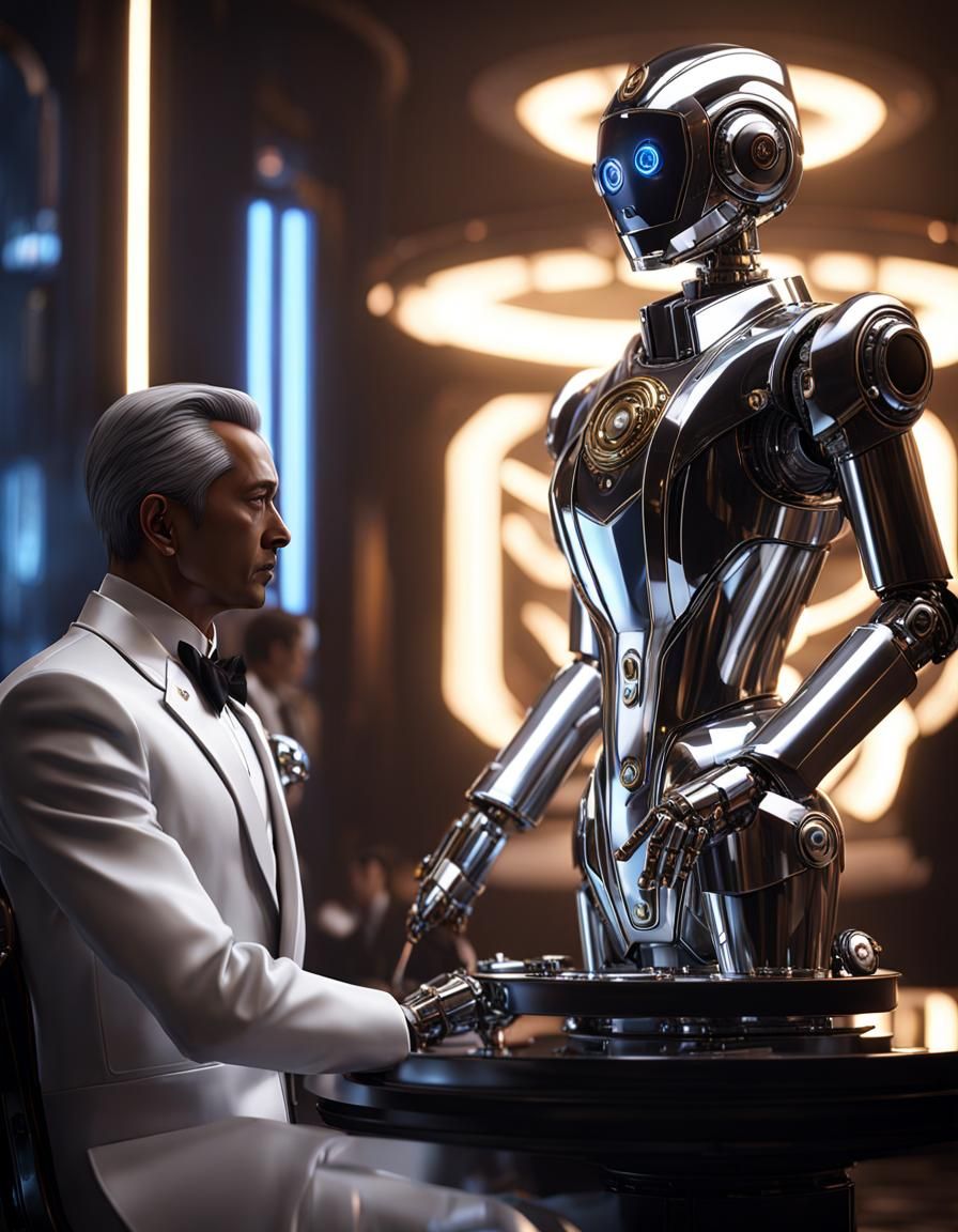 Futuristic Robot Butler in Tuxedo, Sci-Fi Art