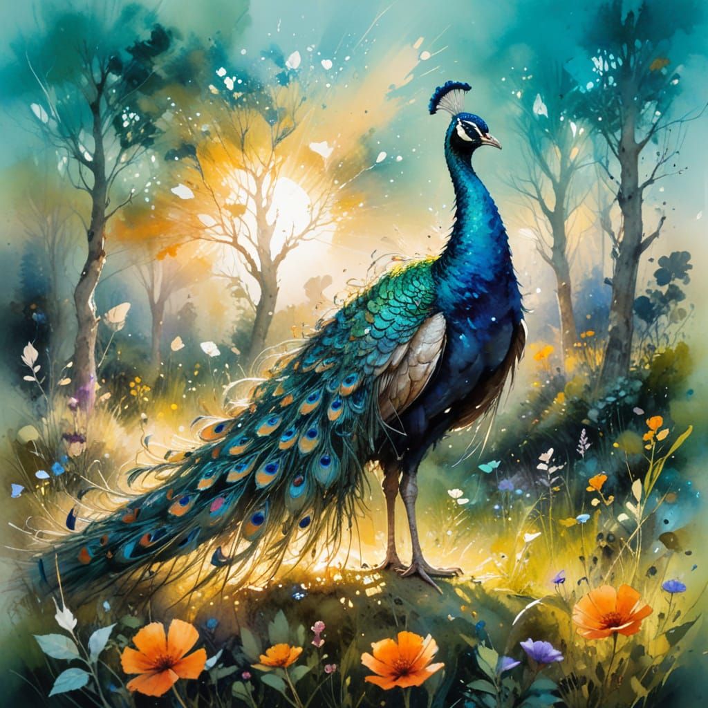 Ethereal Peacock Unfurls in Enchanted Forest Glade